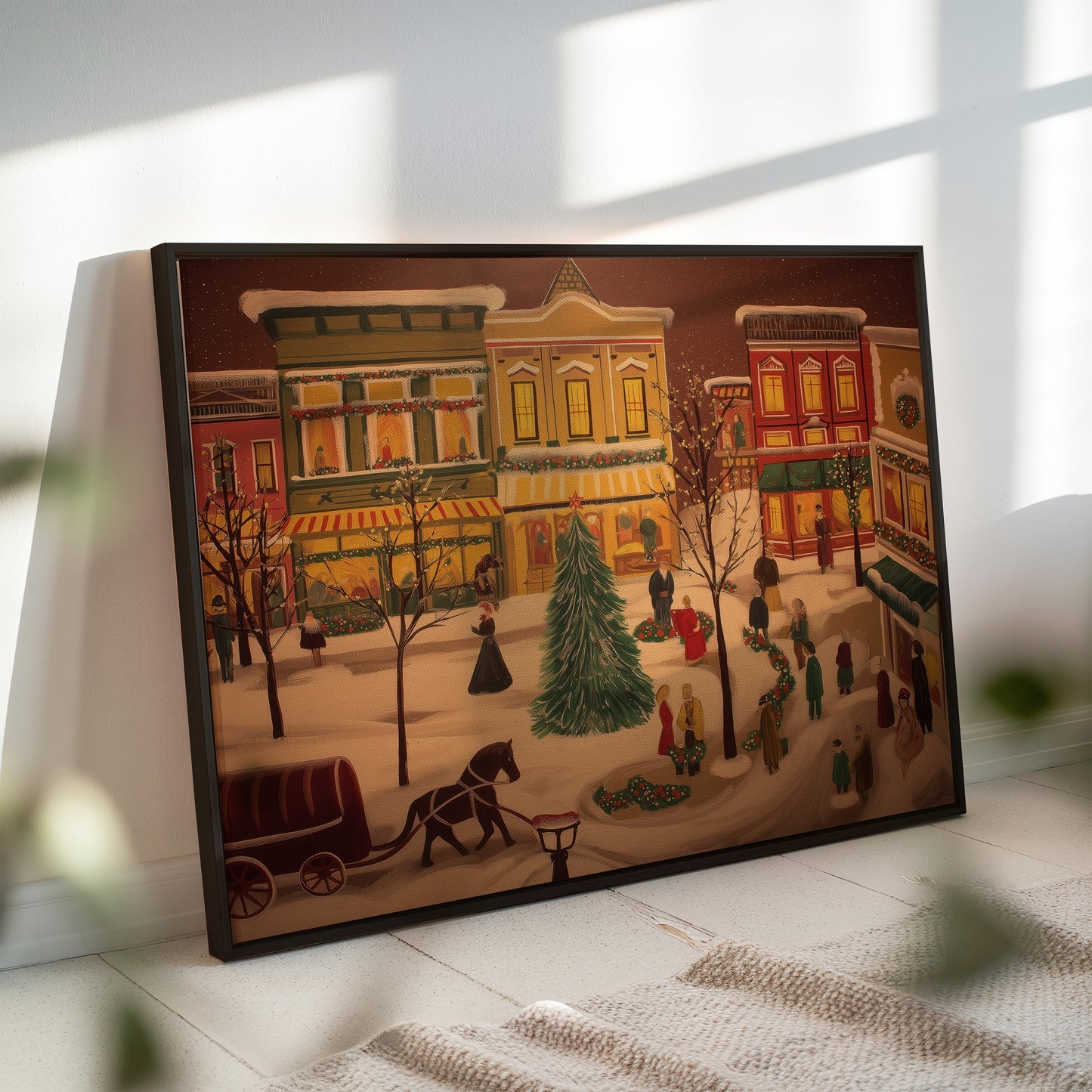 Winter Village Scene Canvas Print: Folk Art Christmas Town Painting