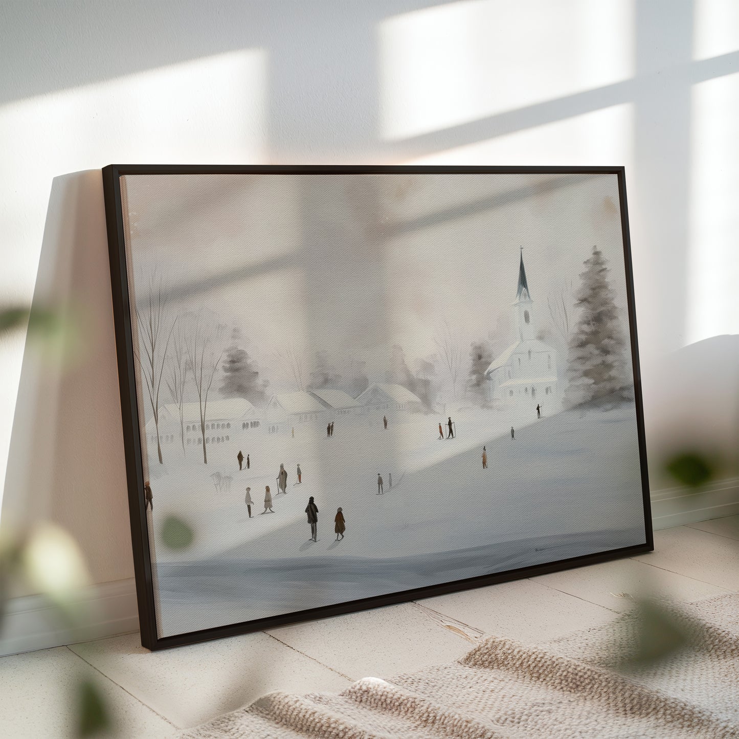 Winter Village Canvas Print: White Church Snow Scene Wall Art