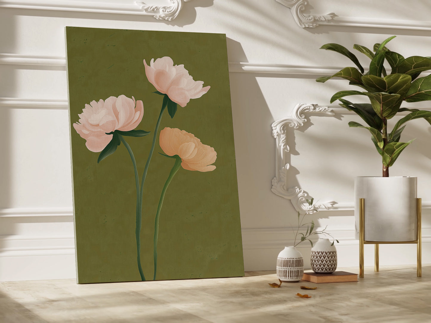 Elegant Peony Floral Canvas Print: Green Backdrop