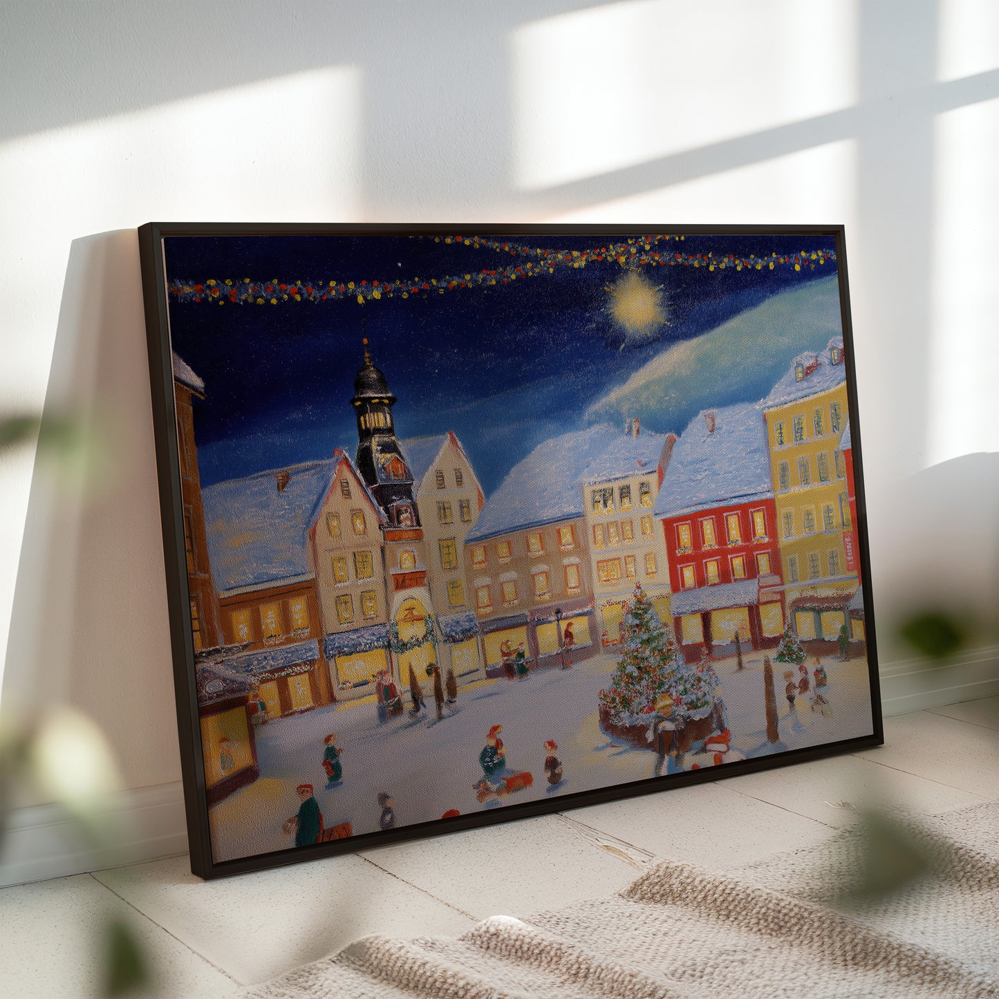 Christmas Village Canvas Print: Snow-Covered European Town Square