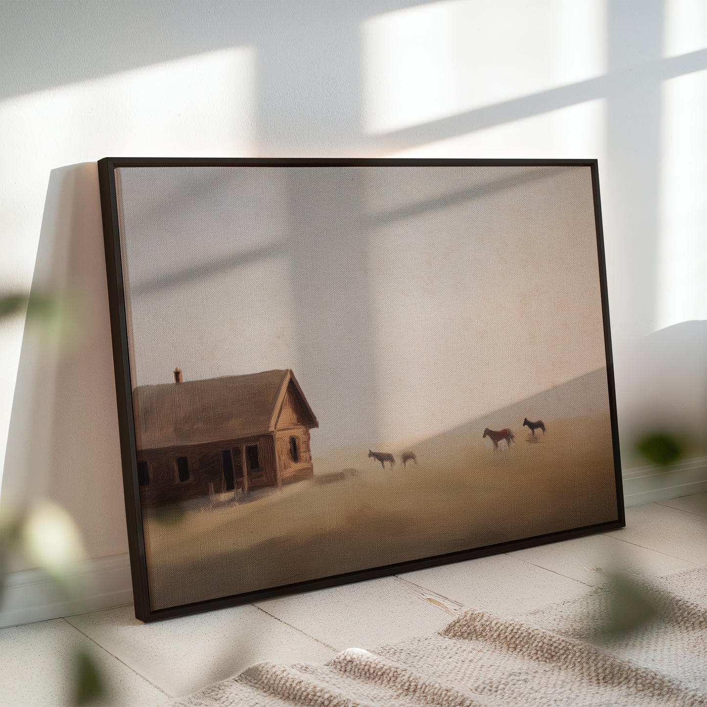 Rustic Landscape Canvas: Misty Pasture with Horses
