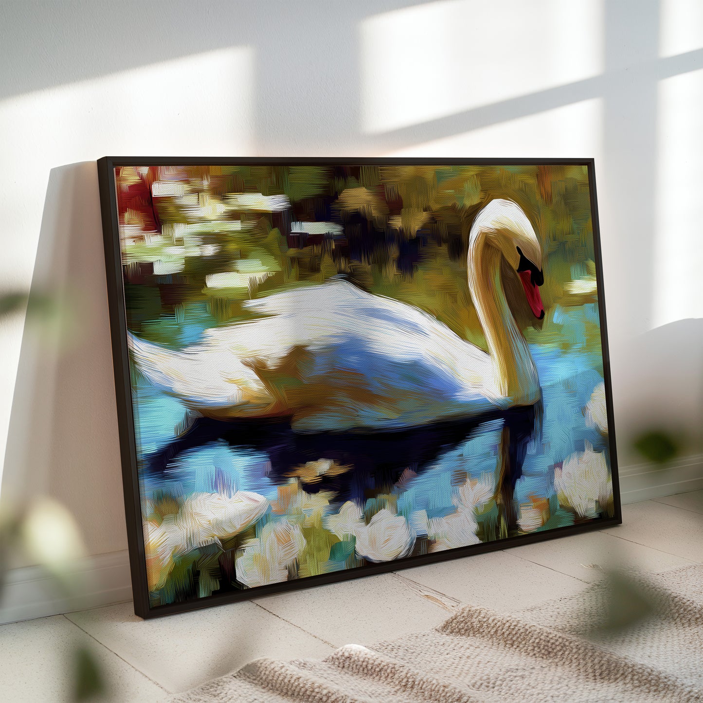 Swan Serenity Canvas Art: Impressionist Style Print