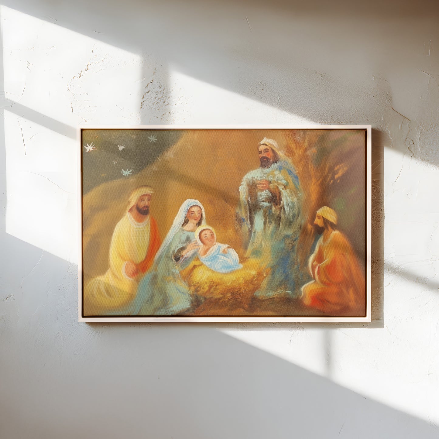 Nativity Scene Canvas Print Holy Family Warm Golden Tones Vertical