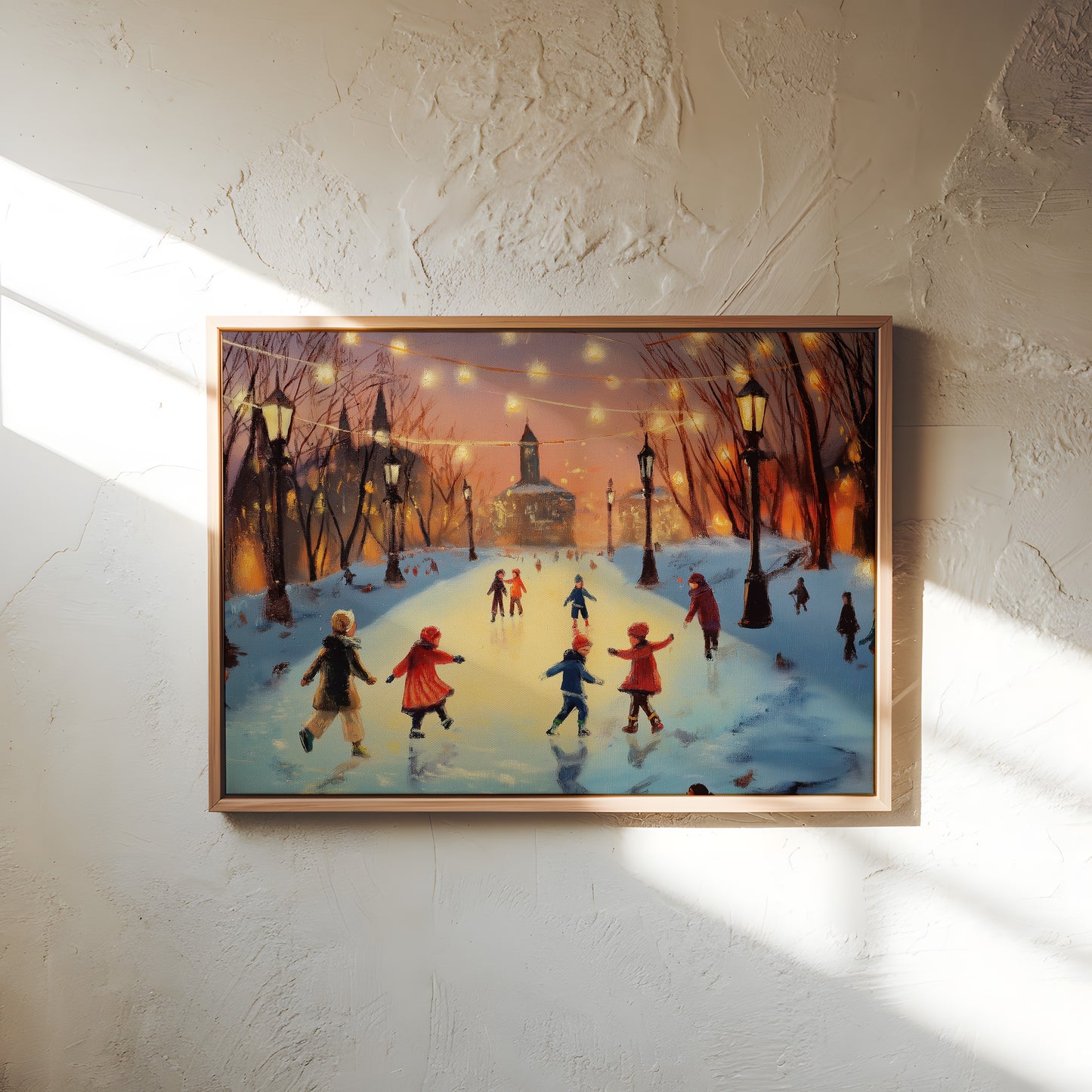 Winter Ice Skating Canvas Print: Vintage Christmas Scene Orange Twilight