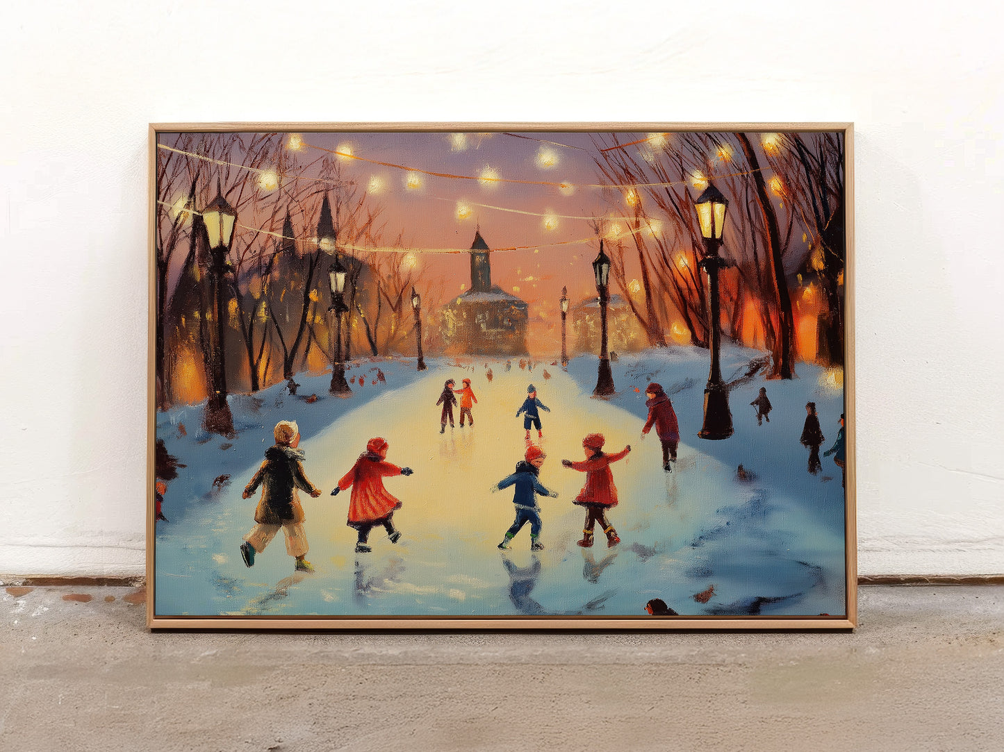 Winter Ice Skating Canvas Print: Vintage Christmas Scene Orange Twilight