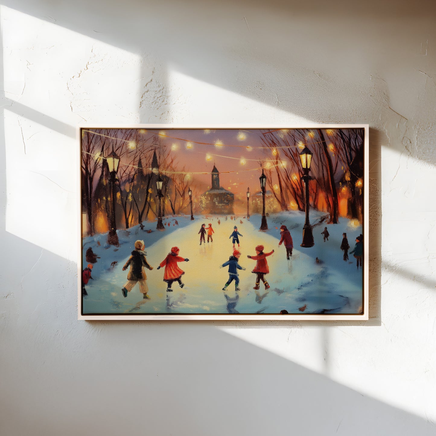 Winter Ice Skating Canvas Print: Vintage Christmas Scene Orange Twilight