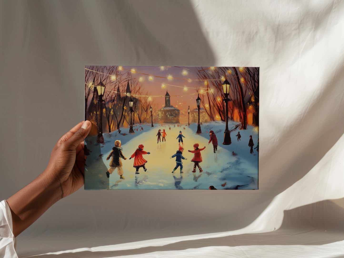 Winter Ice Skating Canvas Print: Vintage Christmas Scene Orange Twilight