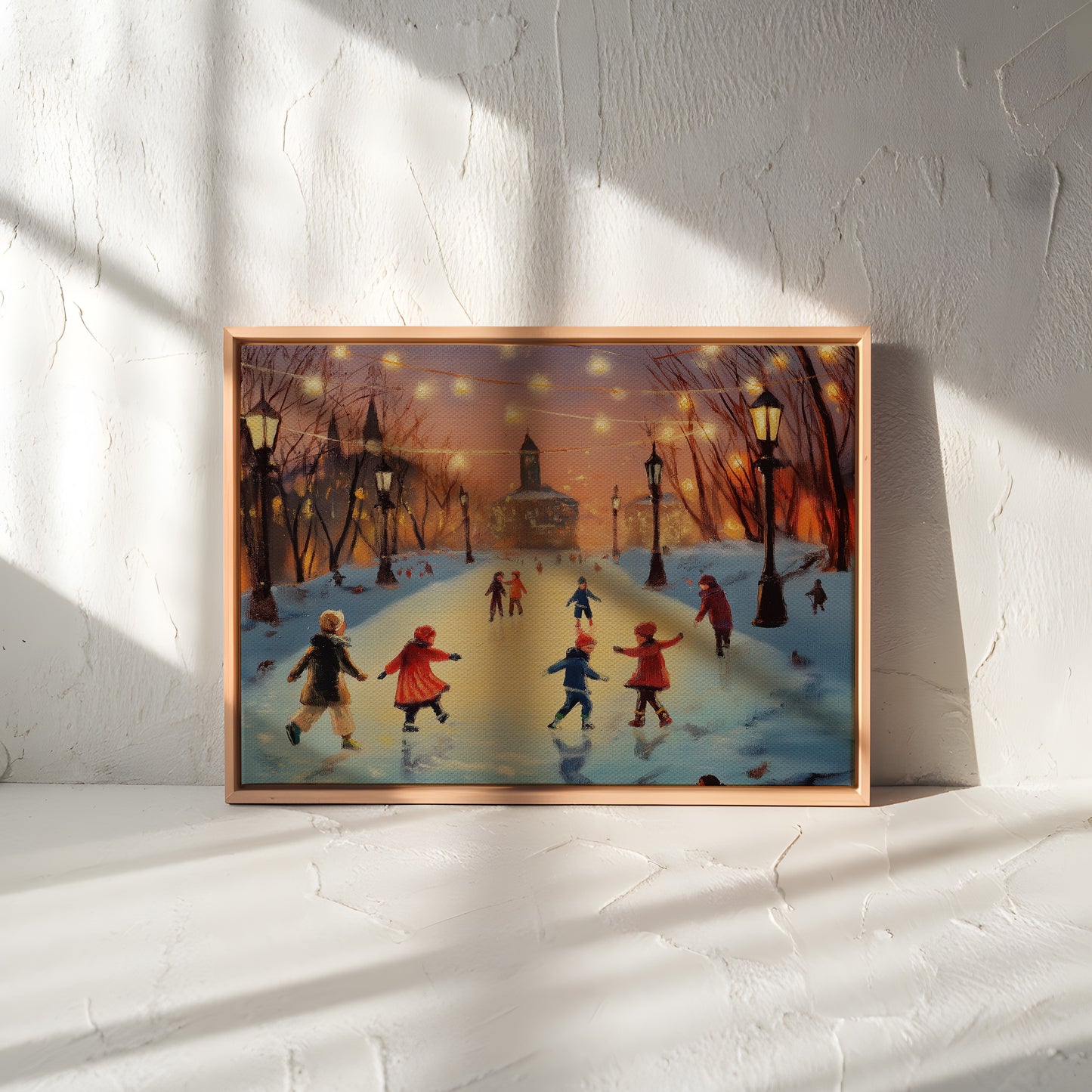 Winter Ice Skating Canvas Print: Vintage Christmas Scene Orange Twilight