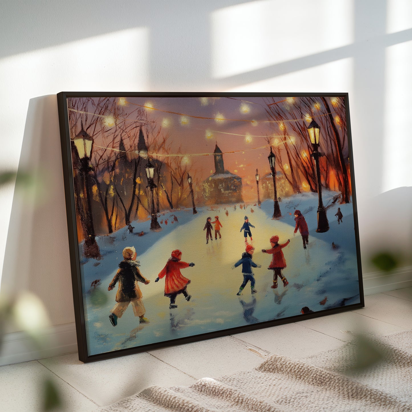 Winter Ice Skating Canvas Print: Vintage Christmas Scene Orange Twilight
