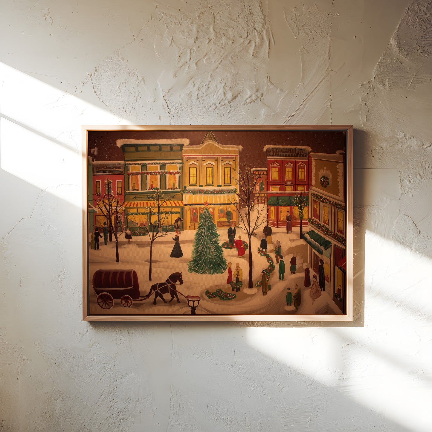 Winter Village Scene Canvas Print: Folk Art Christmas Town Painting