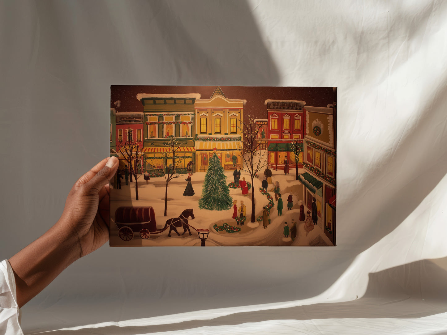 Winter Village Scene Canvas Print: Folk Art Christmas Town Painting