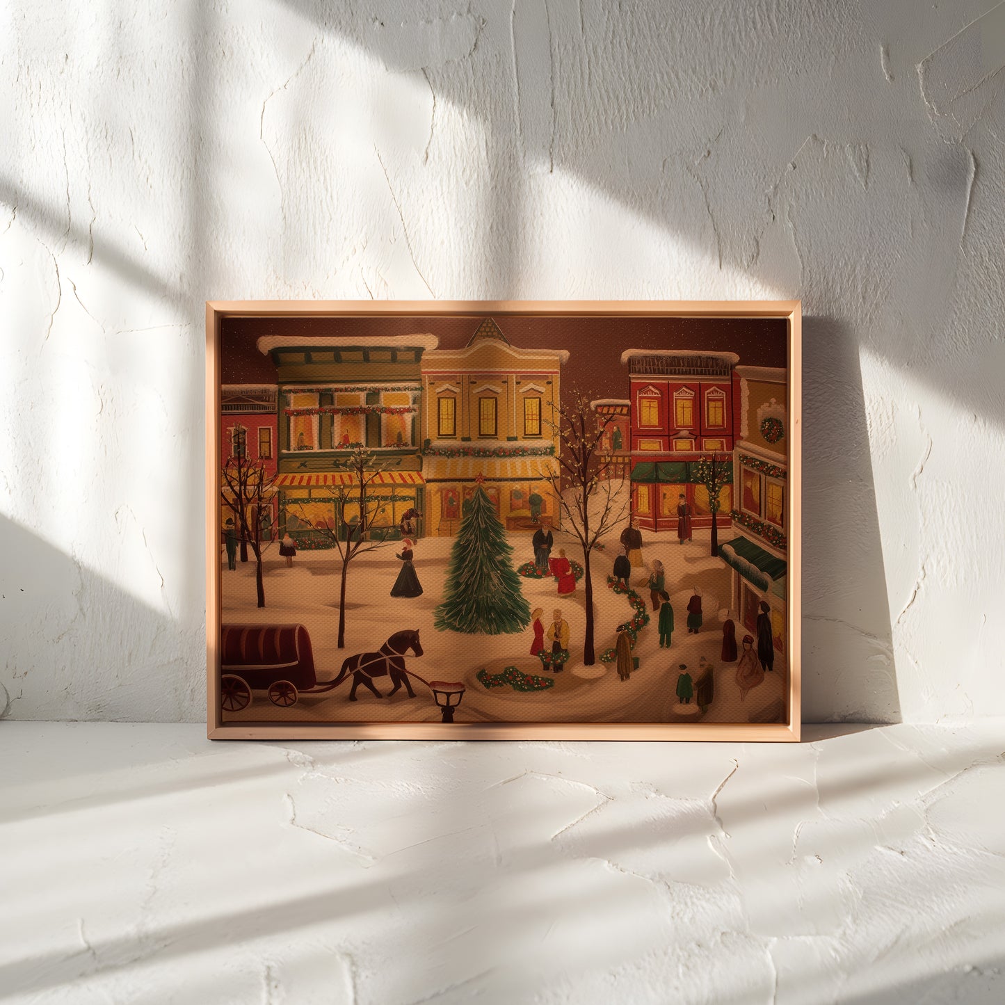 Winter Village Scene Canvas Print: Folk Art Christmas Town Painting