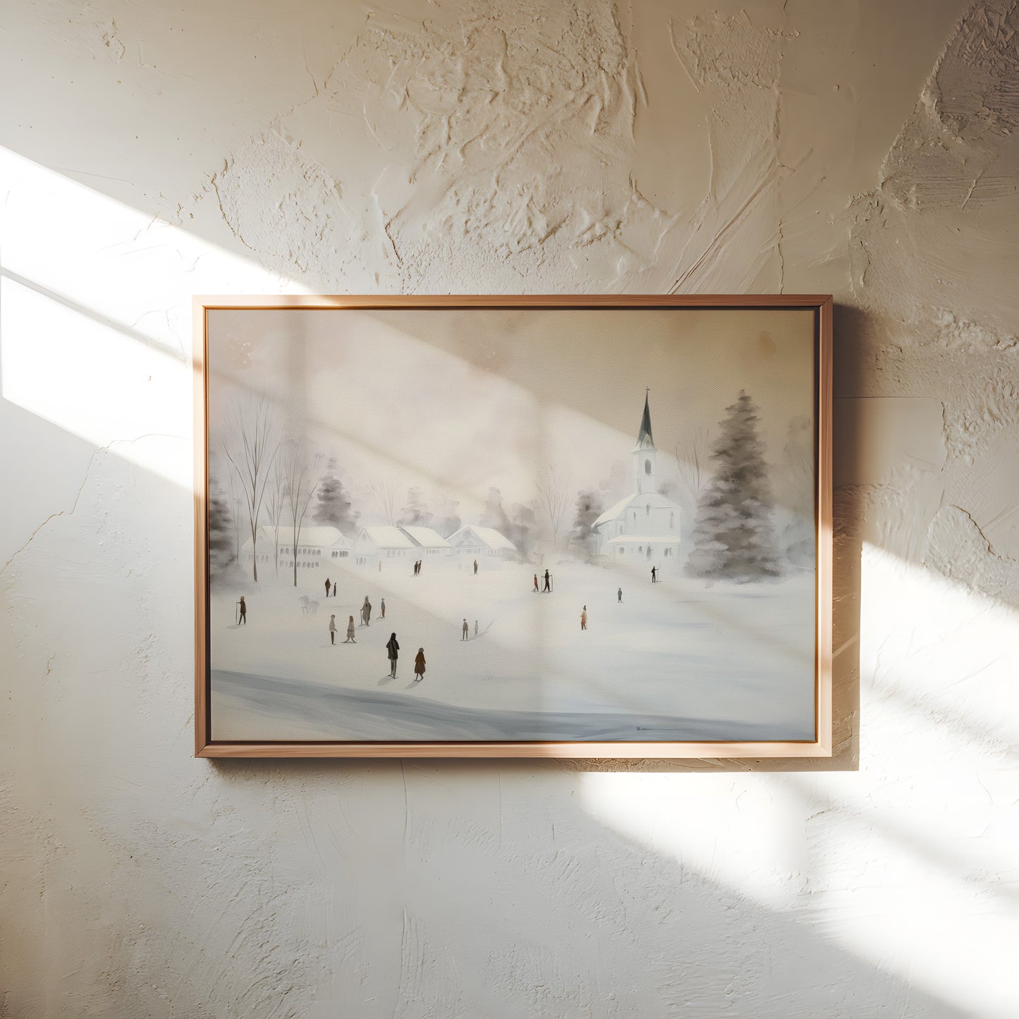 Winter Village Canvas Print: White Church Snow Scene Wall Art