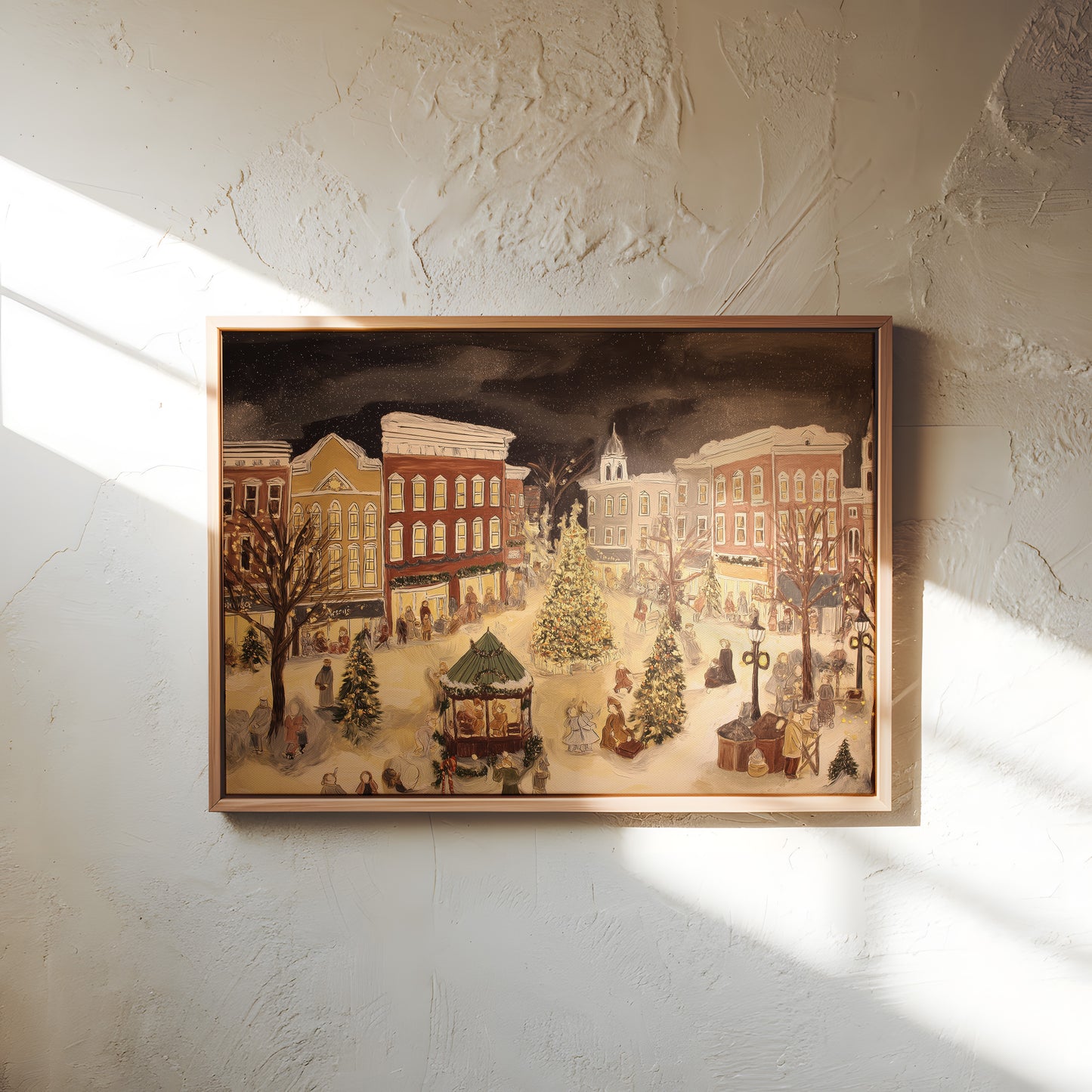 Vintage Christmas Town Square Canvas Print: Nostalgic Winter Scene Wall Art