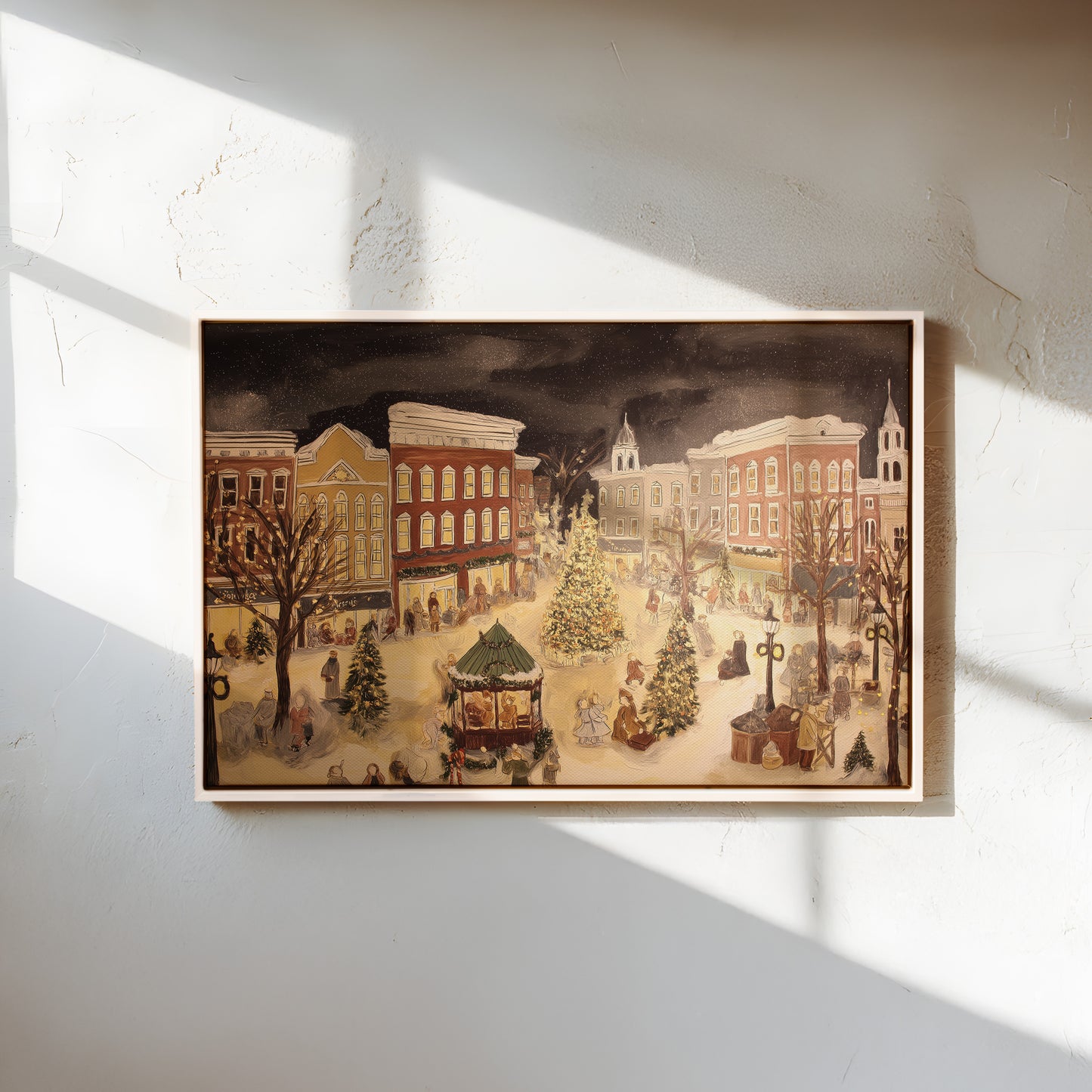 Vintage Christmas Town Square Canvas Print: Nostalgic Winter Scene Wall Art