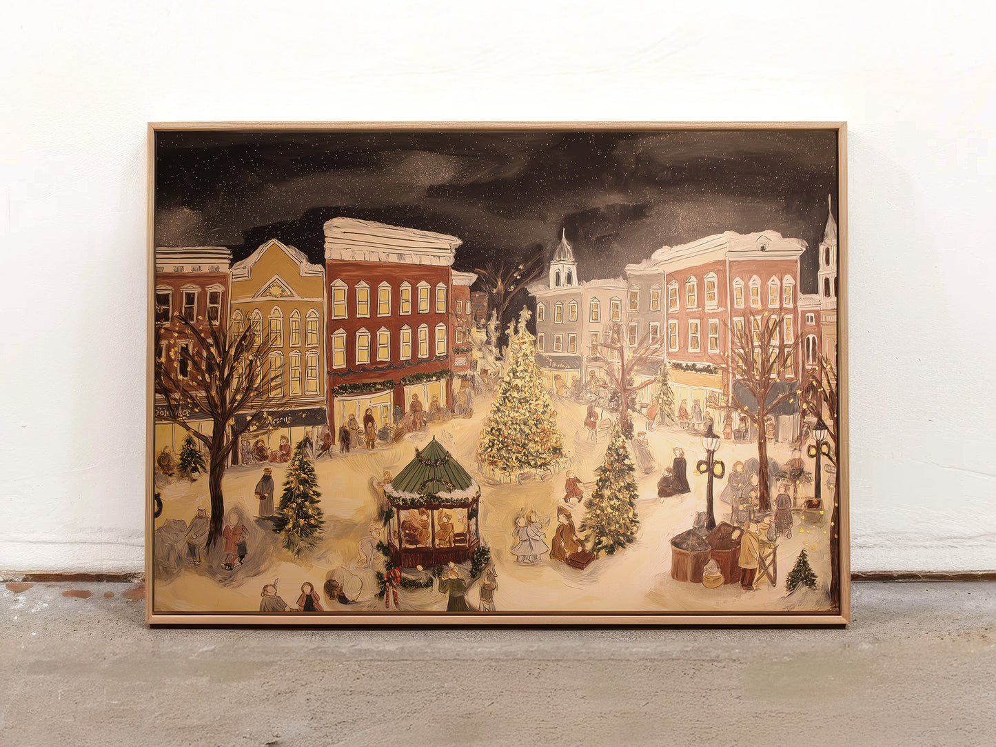 Vintage Christmas Town Square Canvas Print: Nostalgic Winter Scene Wall Art
