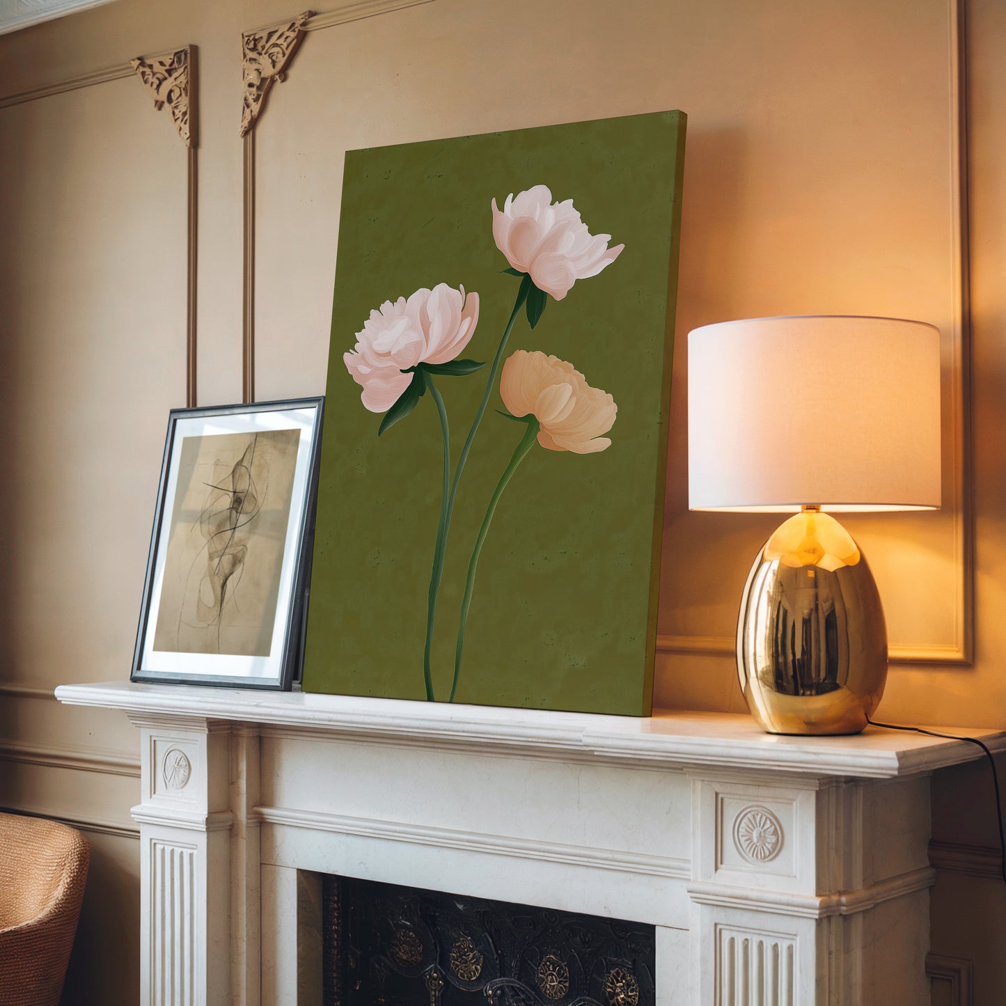Elegant Peony Floral Canvas Print: Green Backdrop