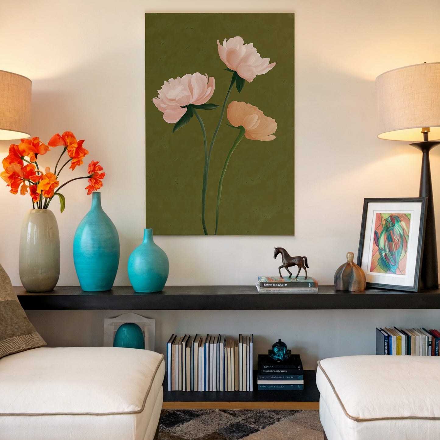 Elegant Peony Floral Canvas Print: Green Backdrop