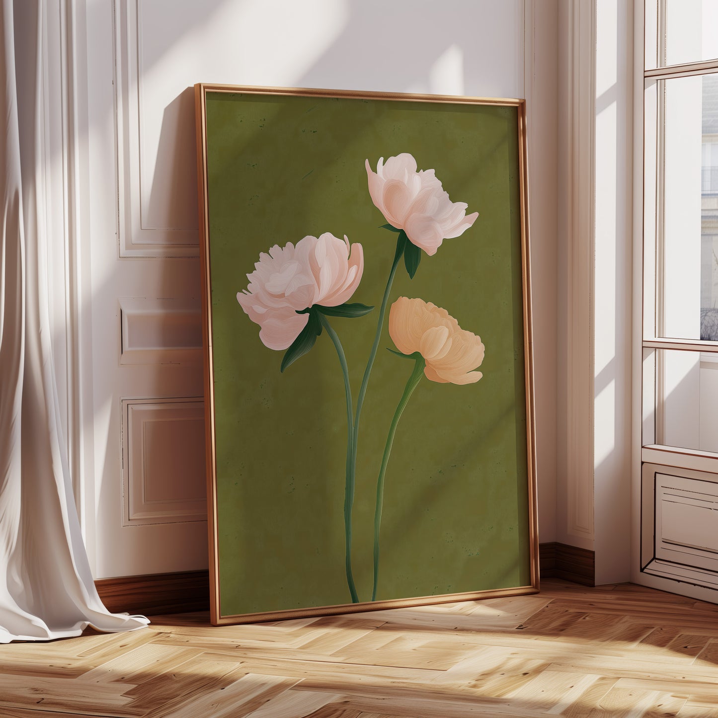Elegant Peony Floral Canvas Print: Green Backdrop