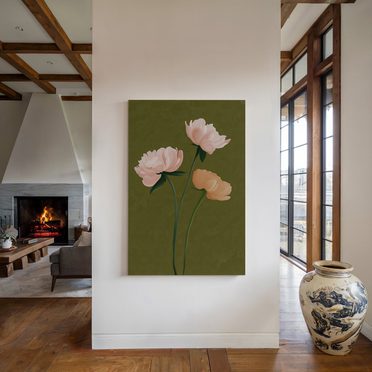 Elegant Peony Floral Canvas Print: Green Backdrop