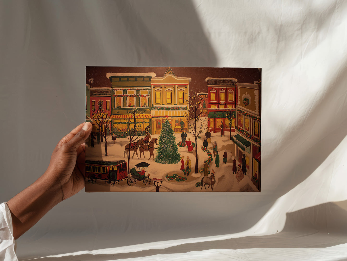 Western Town Christmas Canvas Print: Folk Art Victorian Street Scene