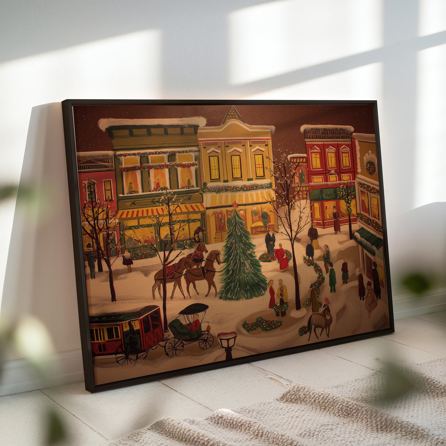 Western Town Christmas Canvas Print: Folk Art Victorian Street Scene