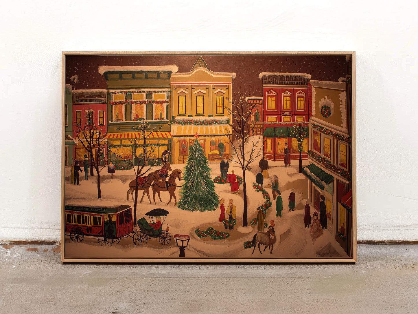 Western Town Christmas Canvas Print: Folk Art Victorian Street Scene