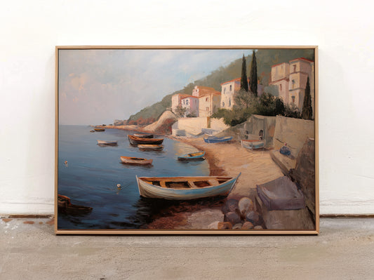 Mediterranean Coastal Boat Scene Horizontal Canvas