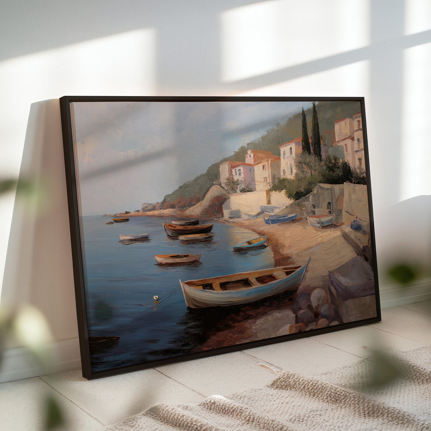Mediterranean Coastal Boat Scene Horizontal Canvas