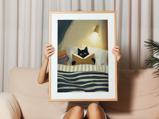 Cozy Night Cat Illustration Canvas Print - Vertical Premium