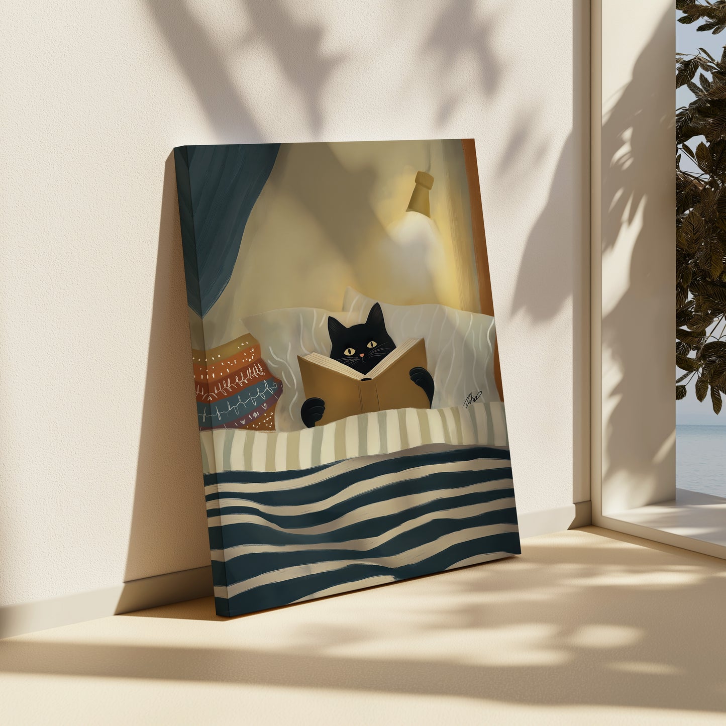 Cozy Night Cat Illustration Canvas Print - Vertical Premium