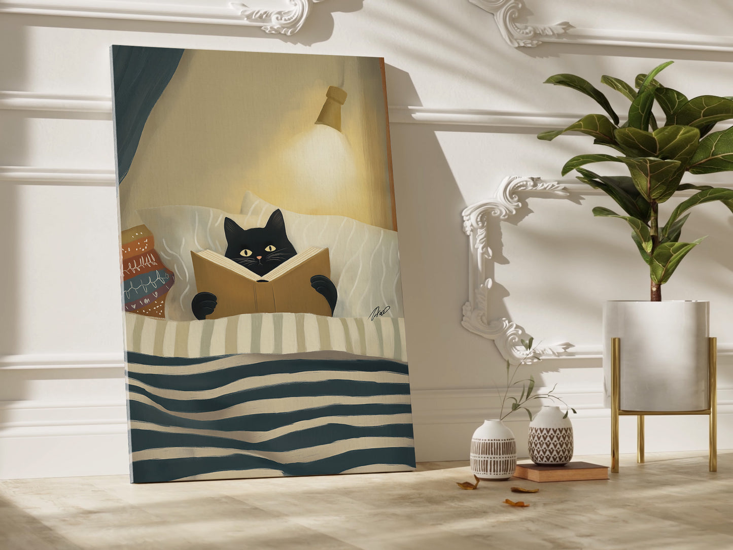 Cozy Night Cat Illustration Canvas Print - Vertical Premium