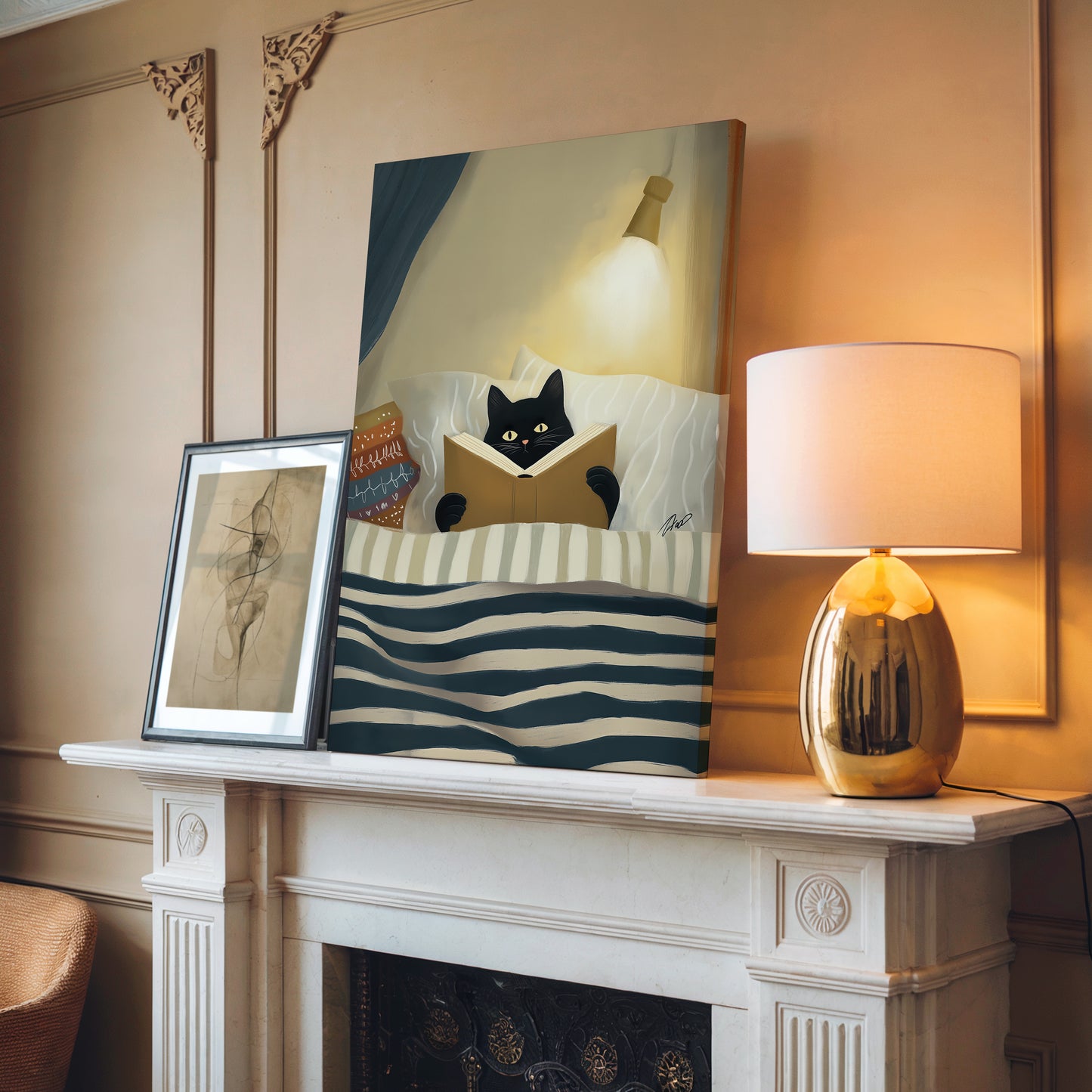 Cozy Night Cat Illustration Canvas Print - Vertical Premium