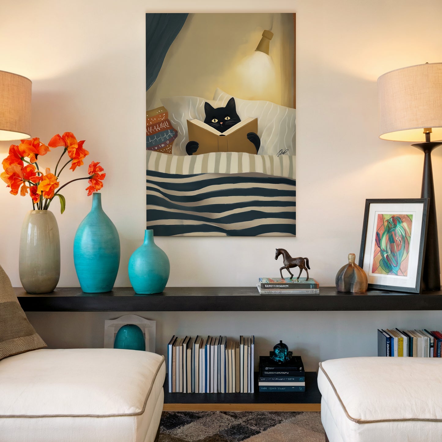 Cozy Night Cat Illustration Canvas Print - Vertical Premium