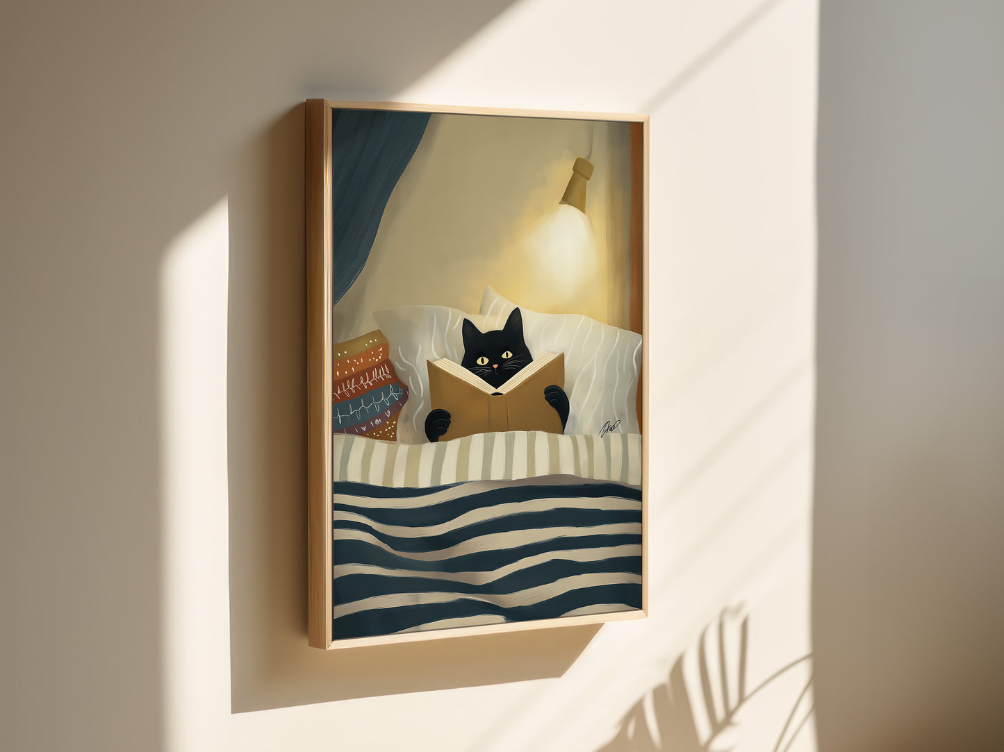 Cozy Night Cat Illustration Canvas Print - Vertical Premium