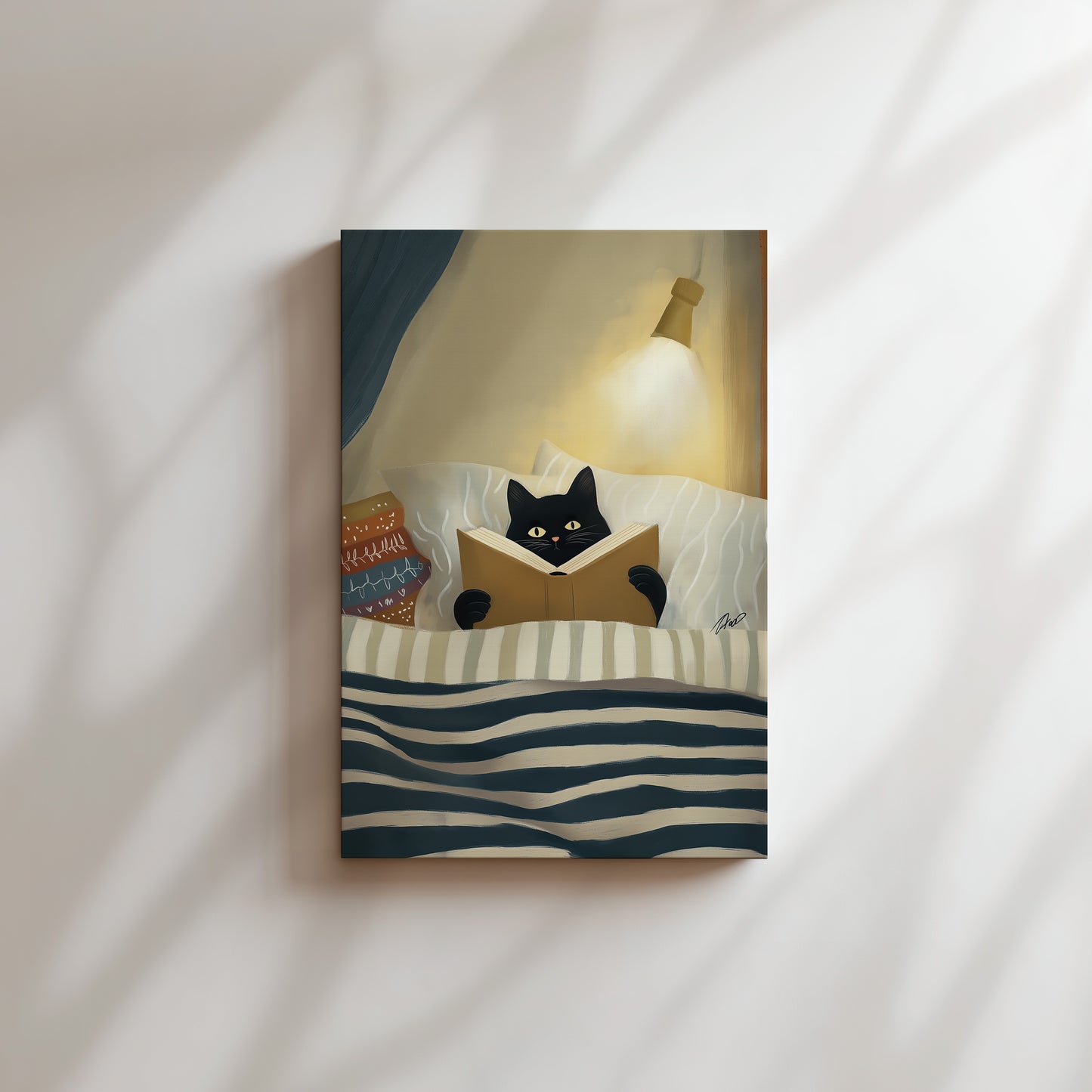 Cozy Night Cat Illustration Canvas Print - Vertical Premium