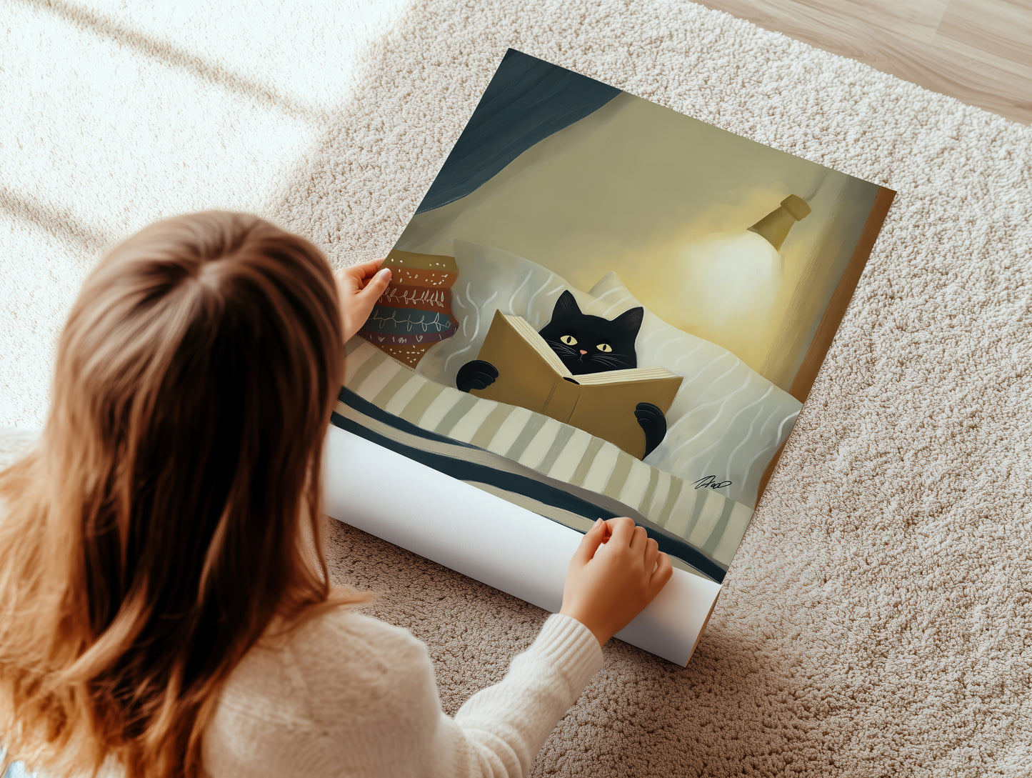 Cozy Night Cat Illustration Canvas Print - Vertical Premium