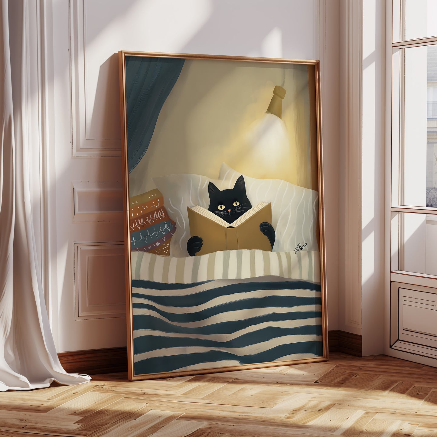 Cozy Night Cat Illustration Canvas Print - Vertical Premium