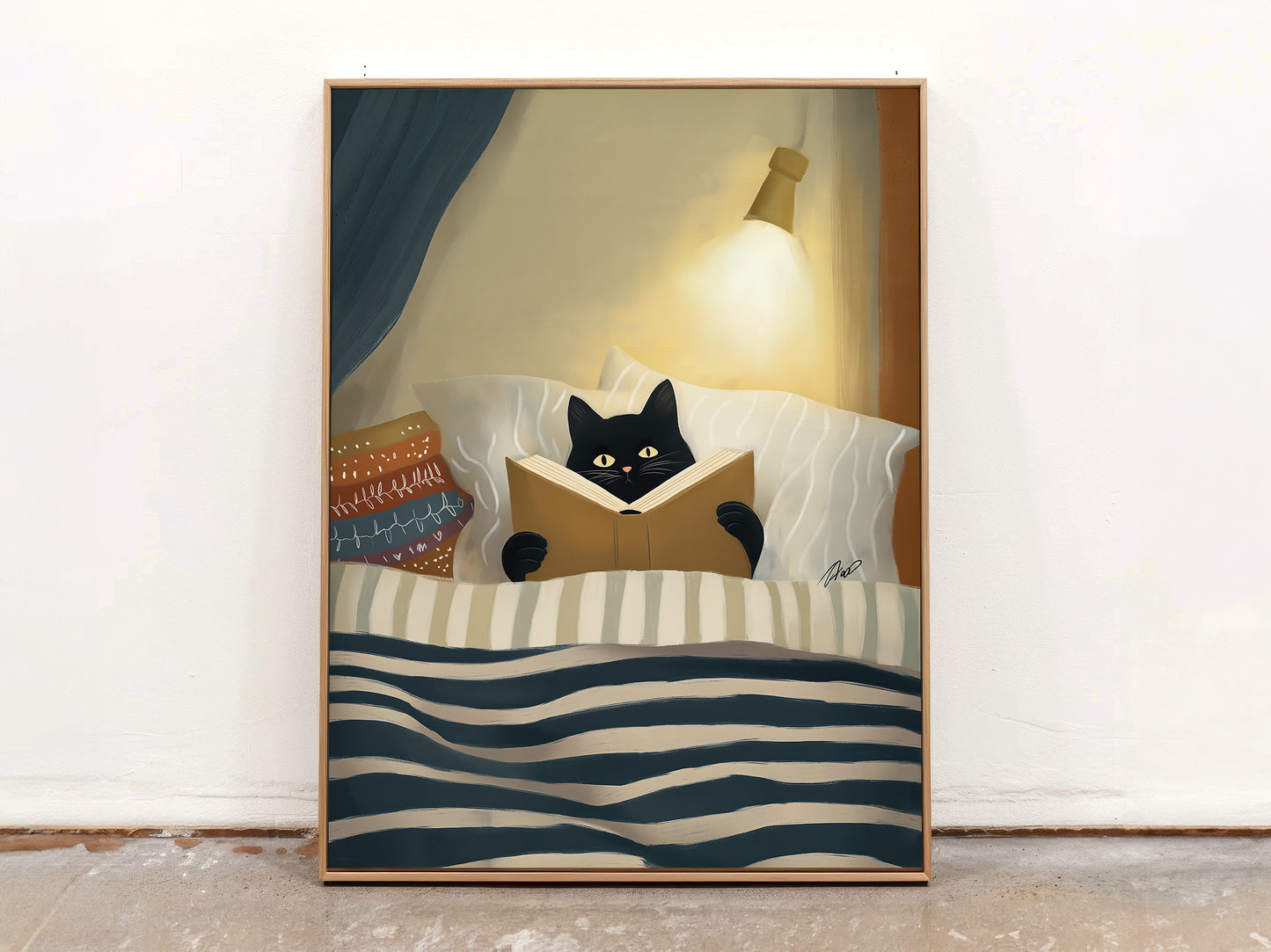 Cozy Night Cat Illustration Canvas Print - Vertical Premium