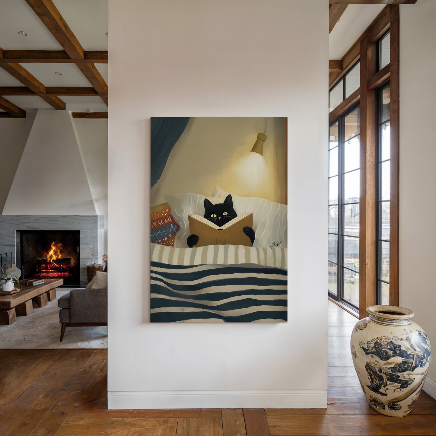 Cozy Night Cat Illustration Canvas Print - Vertical Premium