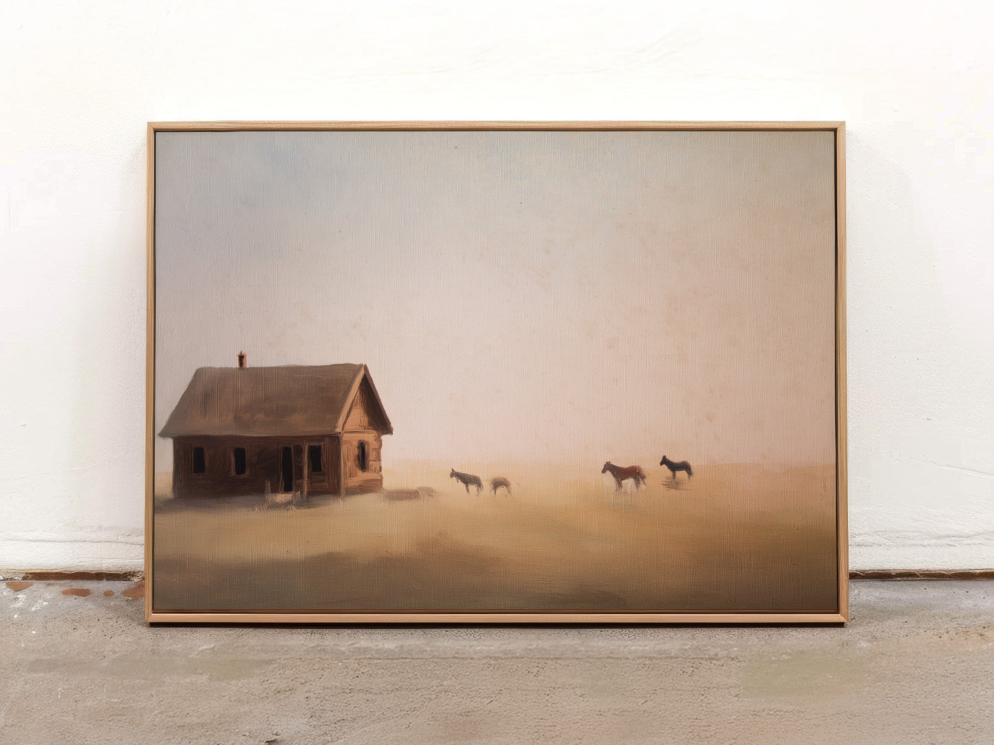 Rustic Prairie Canvas Print: Misty Cabin and Horses Art