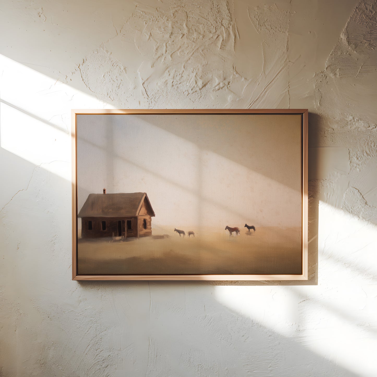 Rustic Prairie Canvas Print: Misty Cabin and Horses Art