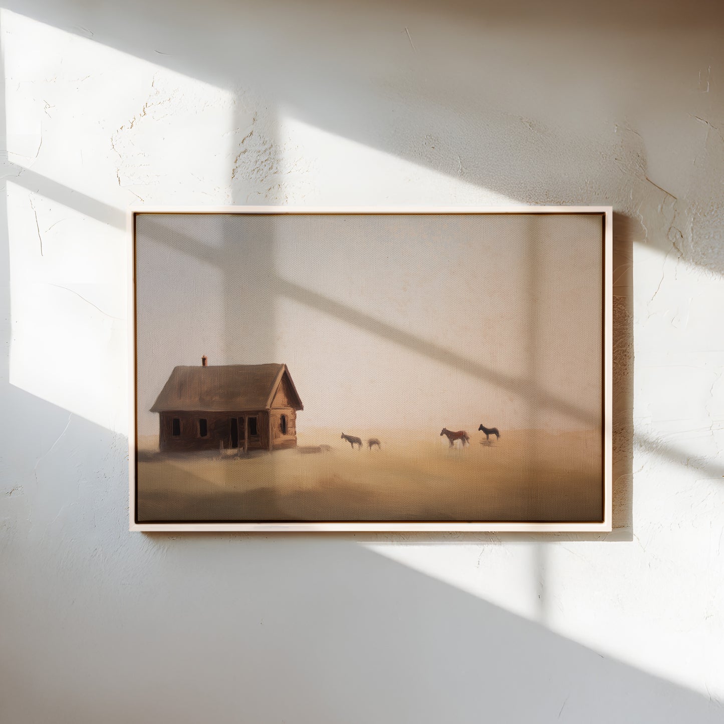 Rustic Prairie Canvas Print: Misty Cabin and Horses Art