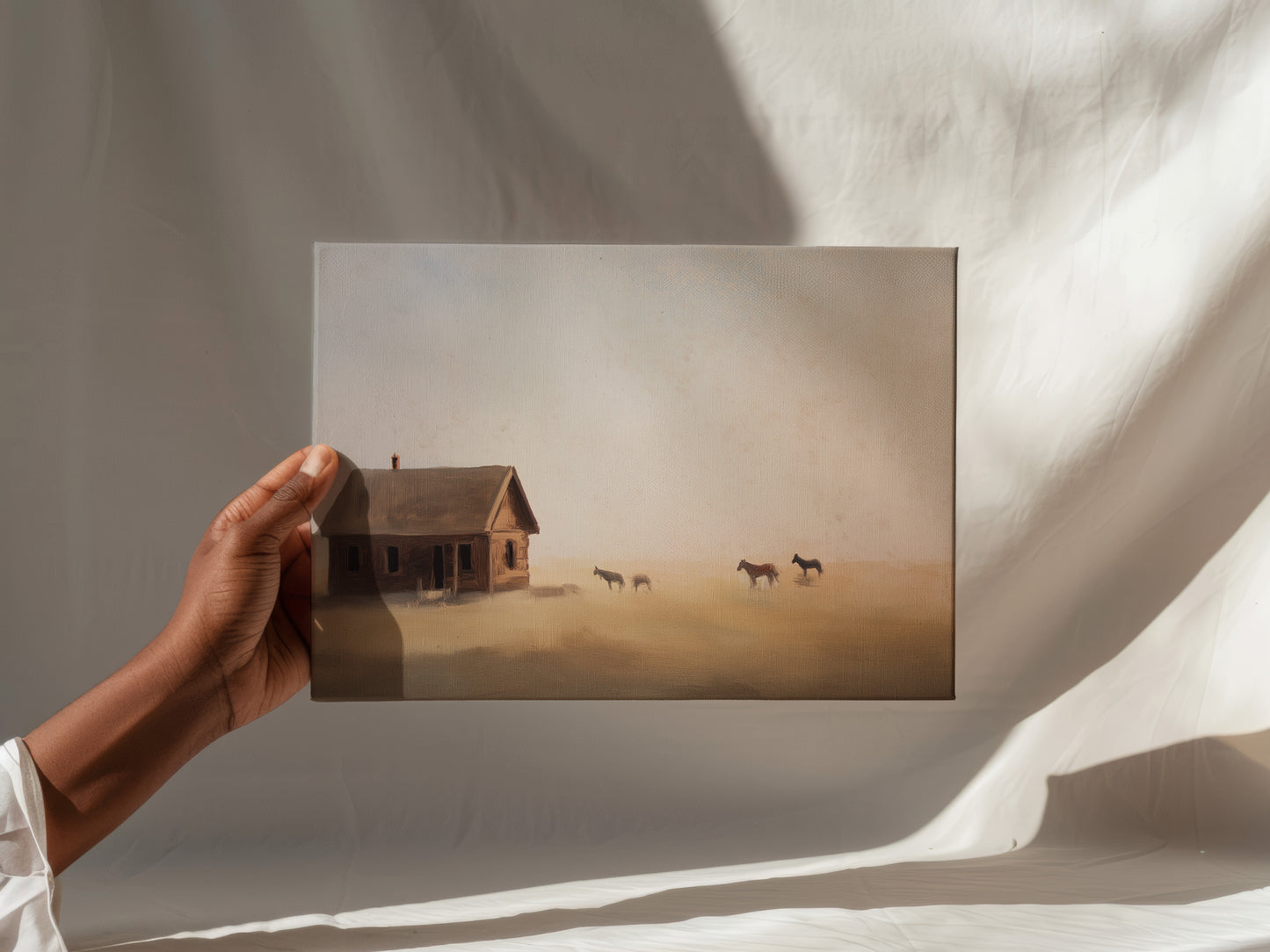 Rustic Prairie Canvas Print: Misty Cabin and Horses Art