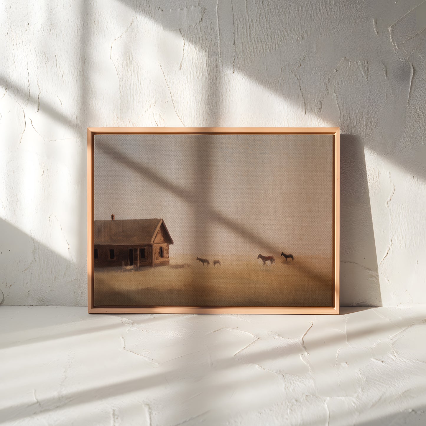 Rustic Prairie Canvas Print: Misty Cabin and Horses Art