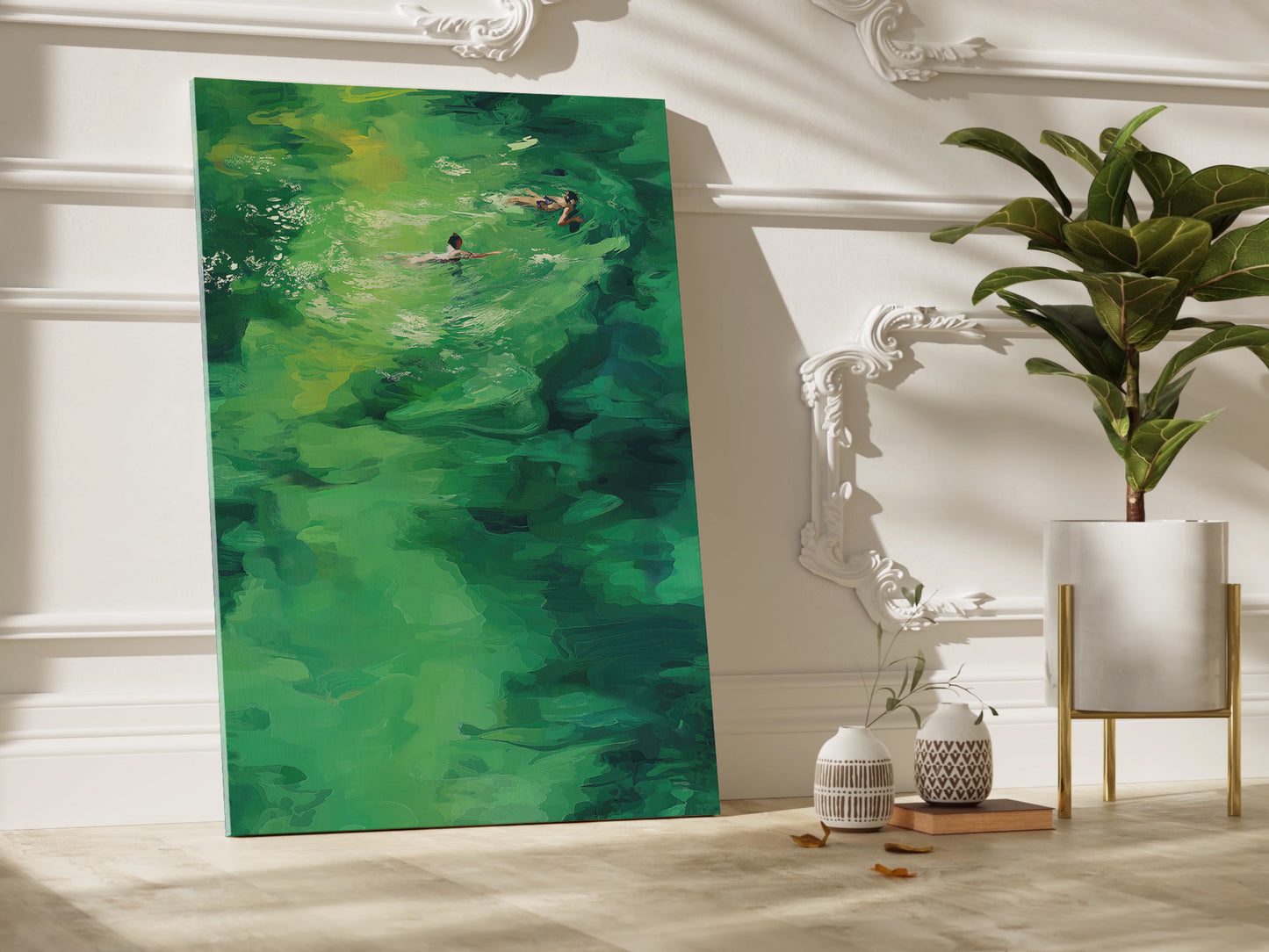 Abstract Watercolor Swimmers Vertical Canvas Print