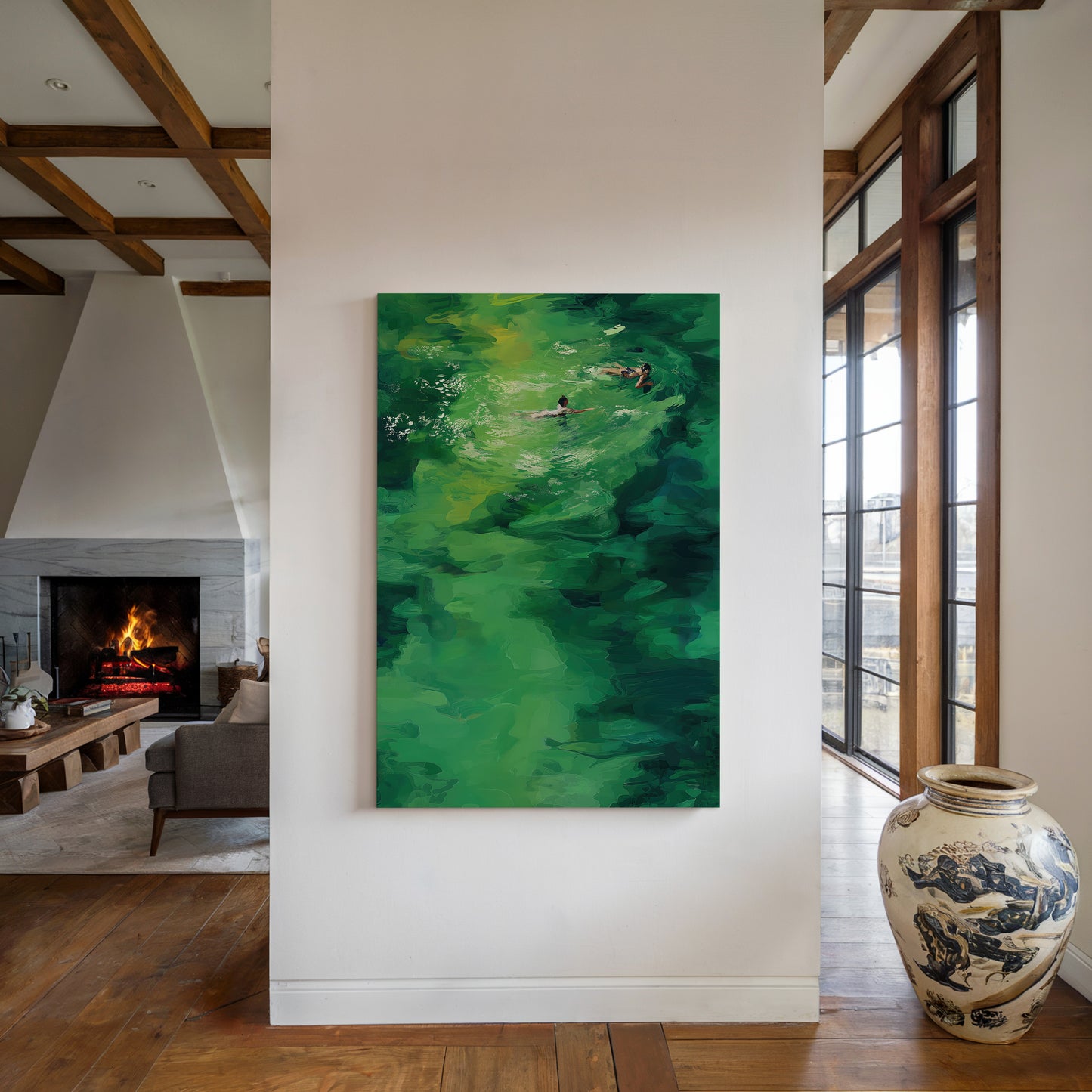 Abstract Watercolor Swimmers Vertical Canvas Print