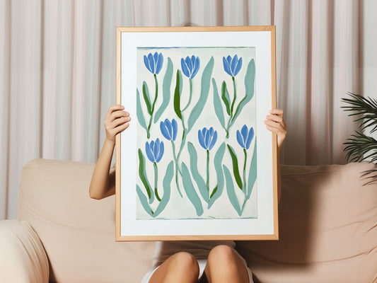 Blue Tulip Art Print on Vertical Canvas 18x24