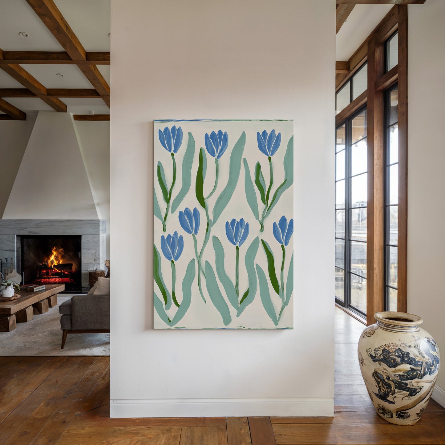 Blue Tulip Art Print on Vertical Canvas 18x24