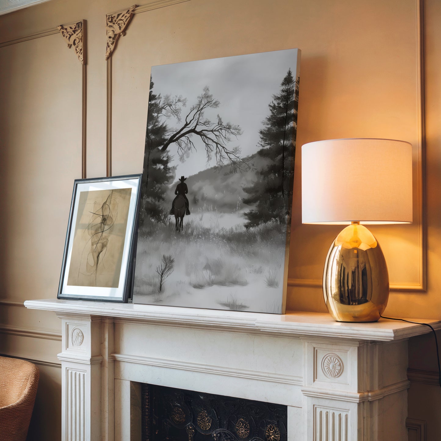 Monochrome Cowboy Landscape Canvas Print